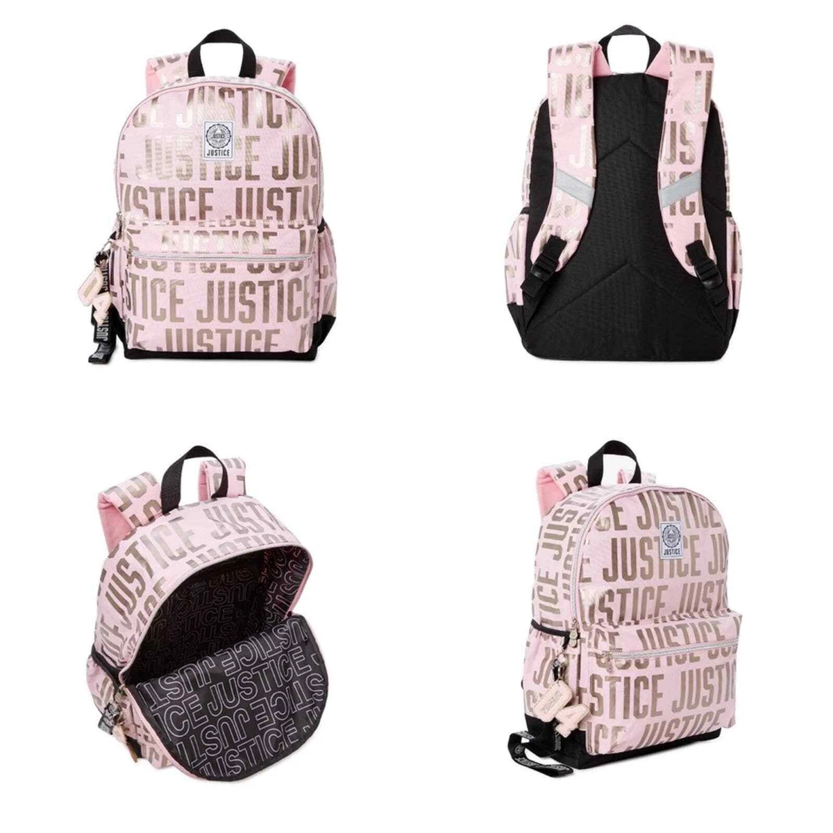 Justice Backpack Girls Metallic Pink Monogram Logo Free Lanyard Front  Pocket Bag | eBay