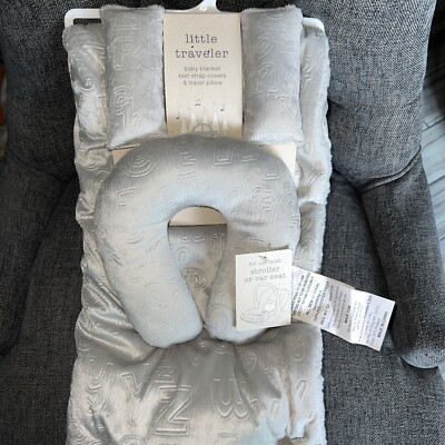 Little Traveler Baby Blanket & Pillow Set Belt Strap Covers Gray ABCs Sherpa New