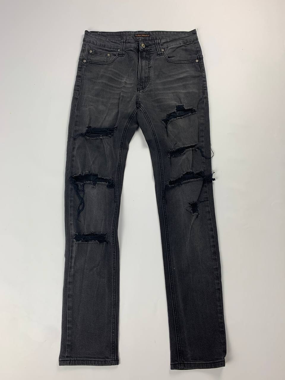NUDIE Black Denim Straight Skinny Ripped Jeans W32/L32 Zip Fly