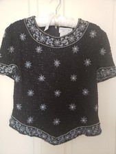 Papell Boutique Evening black silk fully beaded top size L vintage 1980s