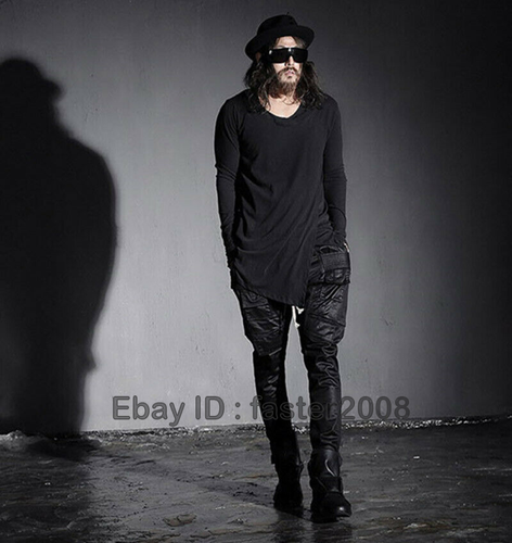 Camicia uomo orlo asimmetrico manica lunga top media lunga magliette punk gotico S-3XL - Foto 11 di 12