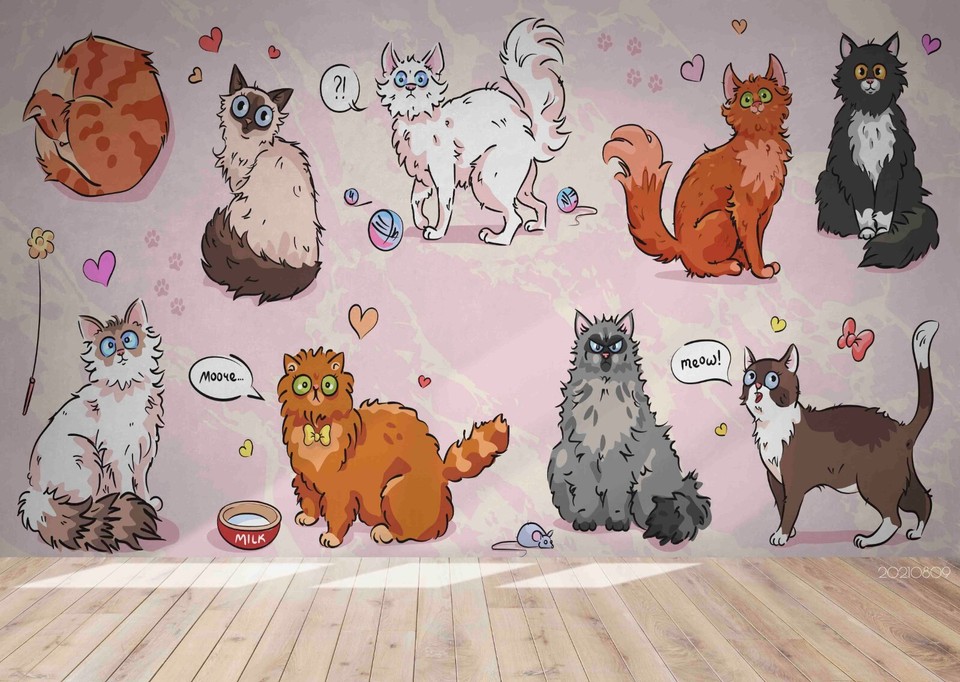 3D Cat Animal Watercolor Cartoon Wallpaper Wall Murals Removable