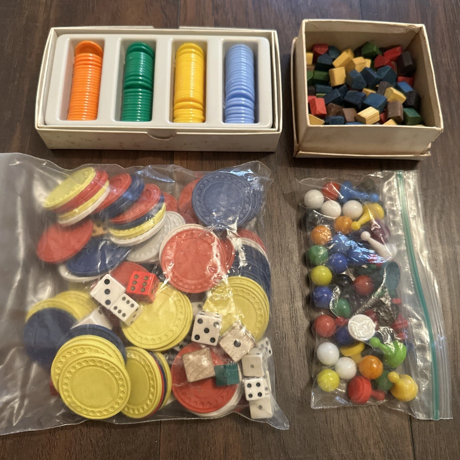 Vintage Game Pieces Wood Monopoly, Chips, Dice, Marbles, Plastic Pieces