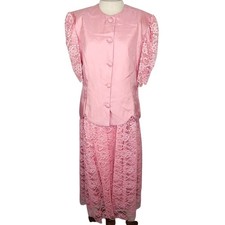 Vintage 80s Pink Puff Sleeve Lace Skirt Set Size 14