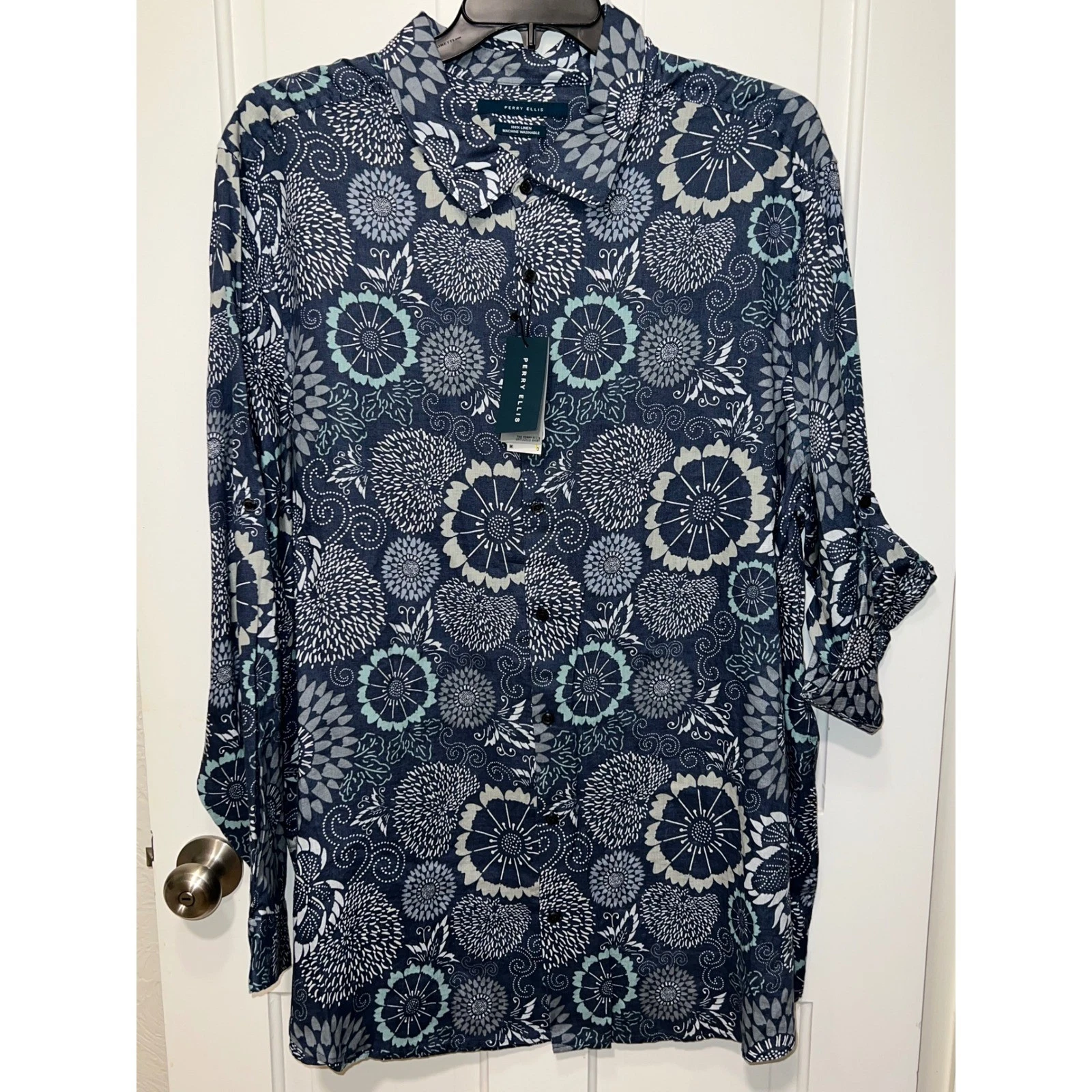 NEW Perry Ellis Mens 3X Blue Floral 100% Linen Untucked Long Sleeve Button Shirt