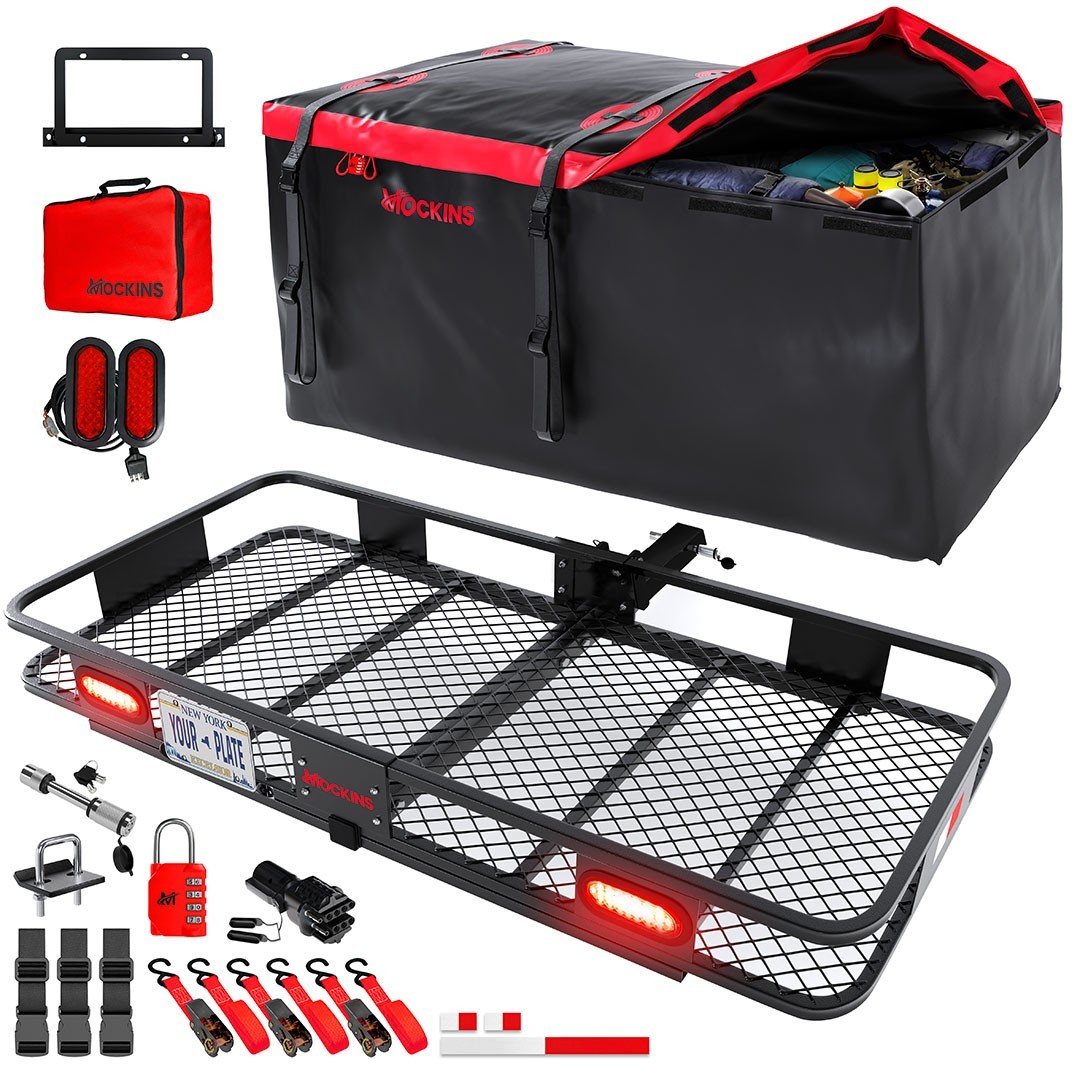 Mockins 70"x30"x6" Hitch Cargo Carrier with Rear Lights, Red Cargo Bag & Locks