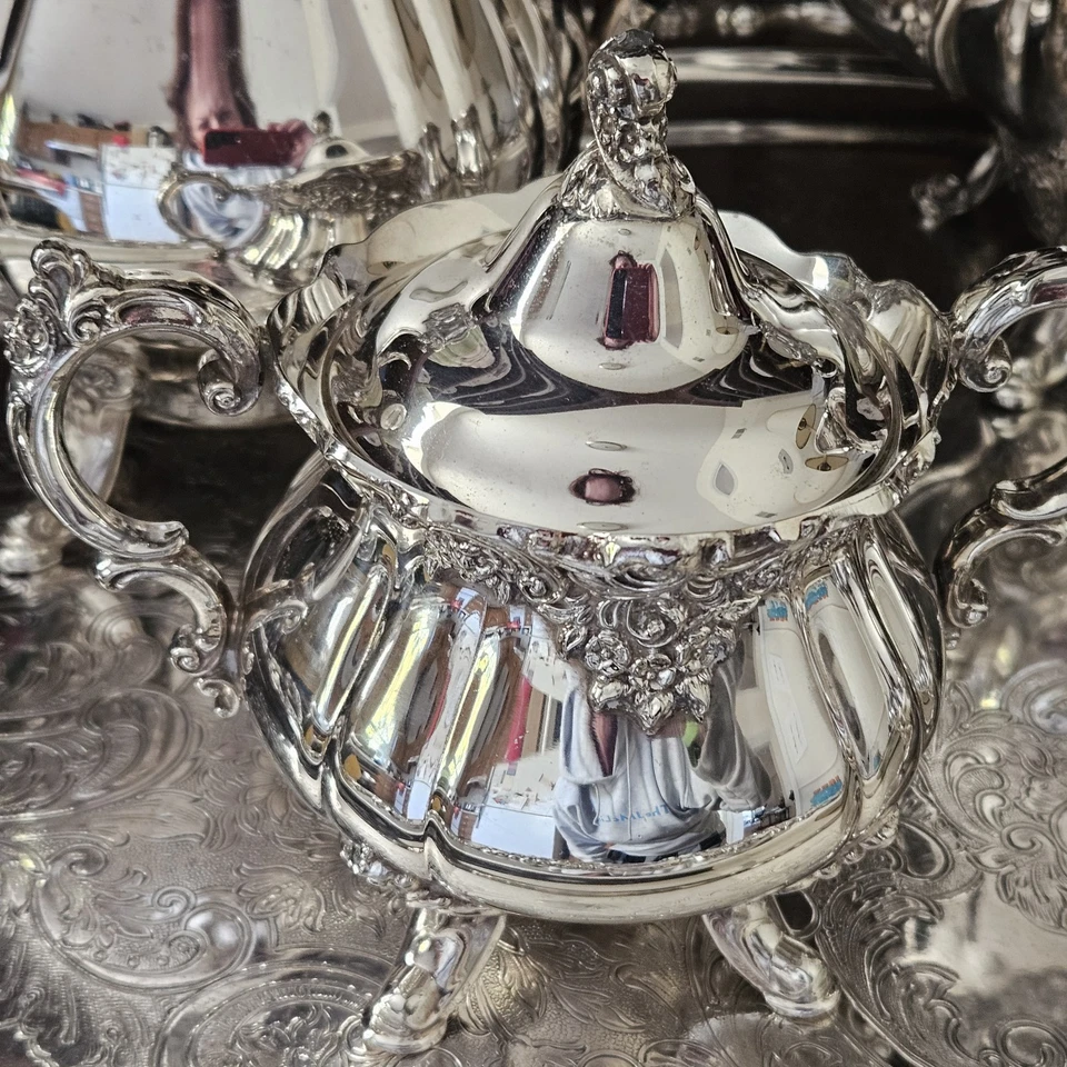 Vintage WALLACE BAROQUE Silverplate Tea & Coffee Service w/Large 29" Tray  - Image 3 of 4