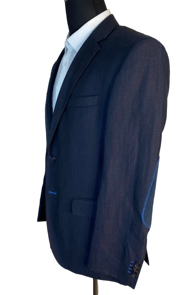 Blazer Hugo Boss Para Hombres 40S Lana Lino Negro Abrigo Deportivo Borde Azul Parches en el Codo Foto 3 de 4