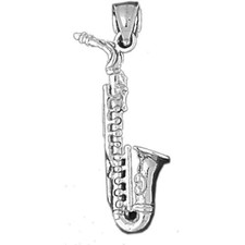 Rhodium Plated 925 Sterling Silver 3-D Saxophone Pendant