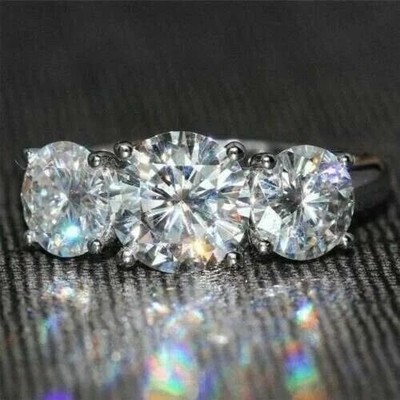Certified 3.5Ct Brilliant Cut Three Diamond Solitaire Engagement 925 Silver Ring