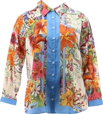 DG2 Diane Gilman Printed Charmeuse Collared Shirt LILIES FLORAL XS NEW (980)
