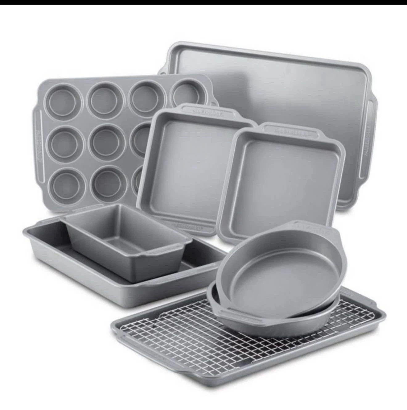 10 Piece Metal Bakeware Set Muffin Pan Loaf Pan Cake Pan Baking Sheet Gray -NEW