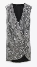 Zara Drapped  Sequinned Silver Dress Size M RRP £49.99