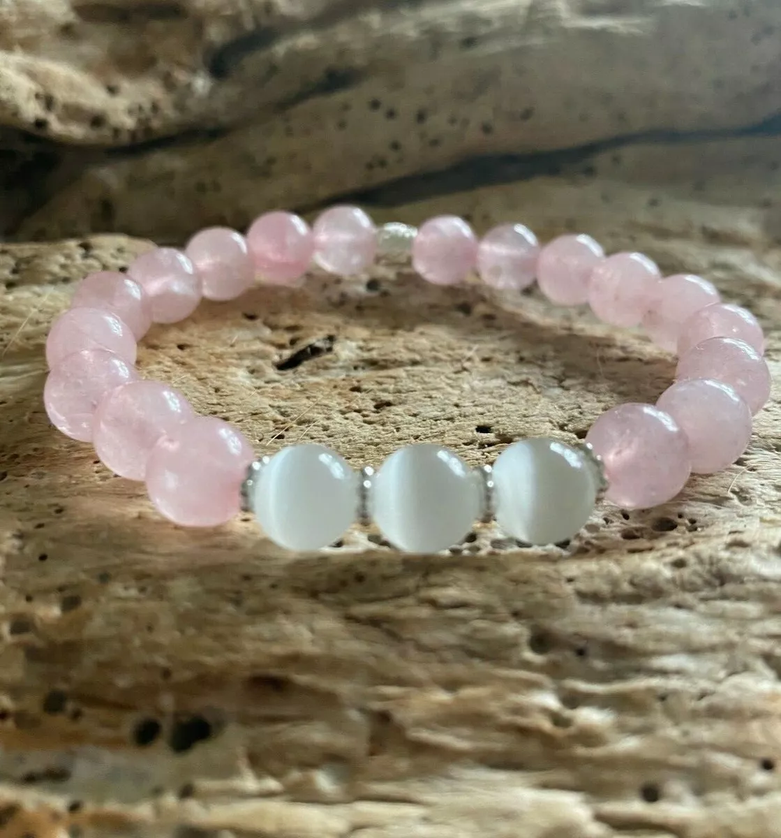 Rose Quartz White Tiger Eye Stretch Bead Bracelet 8 mm Sterling Silver  Beads