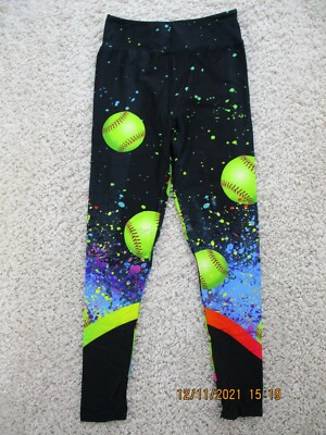 Baseball Leggings Womens Large Black Neon High Rise Polyester Retro Stretch New