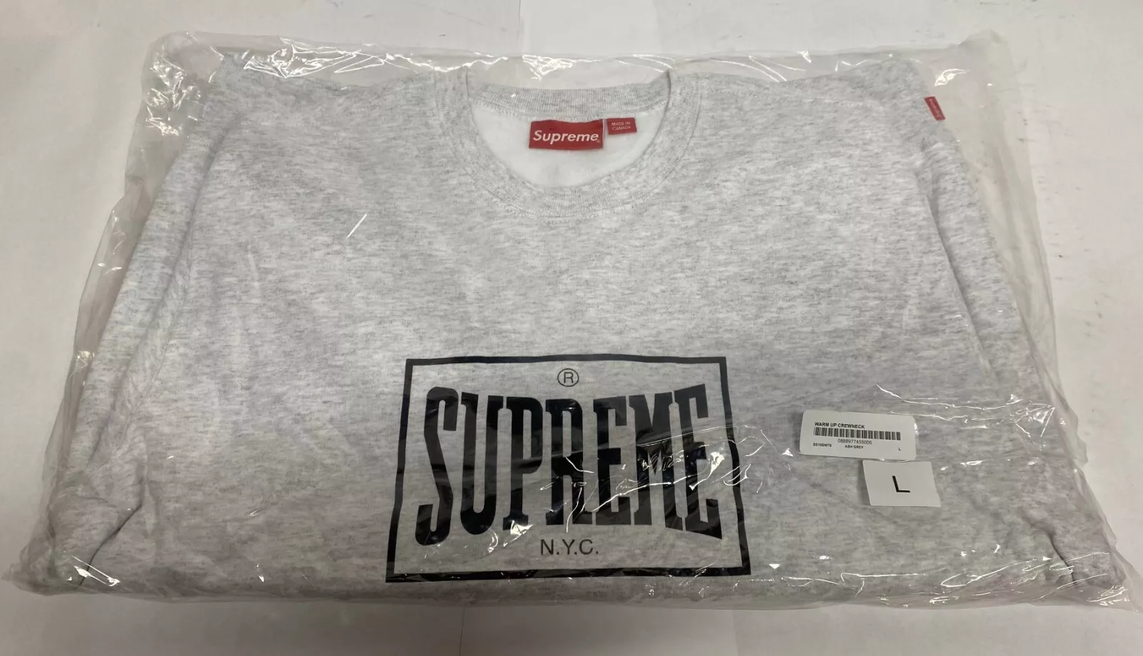 Supreme Warm Up Crewneck   Gris cendres   L   SS19   Sweat shirt / Logo Everlast / DS