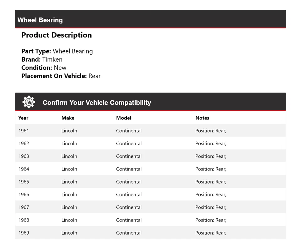Cojinete de rueda trasero para Lincoln Continental 1961-1969 Timken 1962 1963 1964 1965 Foto 2 de 4