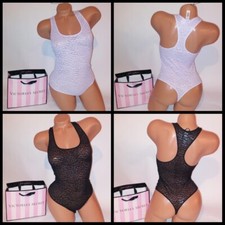 Victoria Secret Lingerie Teddy Bodysuit One Piece Black Purple Leopard Lace Snap