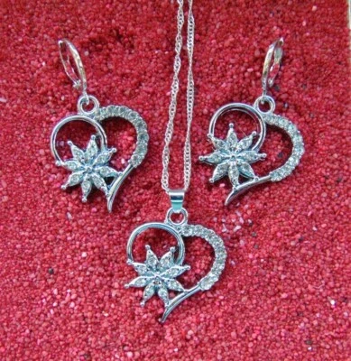 925 Silber Schmuck Set Herz- Blume Zirkon Kette Anhänger Creolen neu - Bild 1 von 4