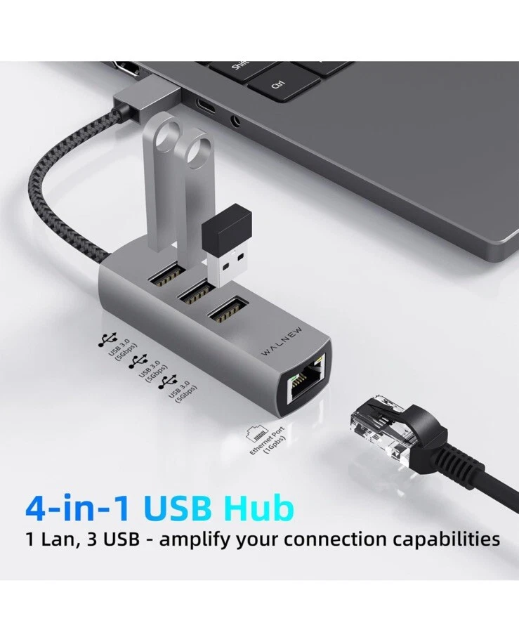 NEW Combo Gigabit Ethernet USB Type-A 3 Port Hub Adapter 5Gbps, MacBook, Windows - Image 2 of 4