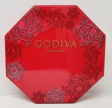Godiva Chocolate Tin 10.25" x 1.75" Empty 2013 Red Embossed Scroll Octogon