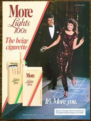1982 More Lights Cigarettes PRINT AD The Beige Cigarette 80s Couple Tux  Sequins