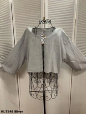 HLT348 Sliver Small NWT Match Point Linen Shirt Blouse Bolero Button NEW Grey