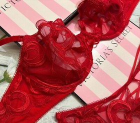 Victoria’s Secret Wicked Unlined Bow Embroidery Bra Brazilian Set Red