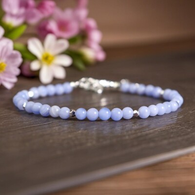 Blue Lace Agate Crystal Gemstone Dainty Bracelet Minimalist 4mm Round Beads