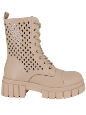 Durchbrochene Knöchel-Traper-Stiefel in Khaki, Kunstsleder-Schuhe