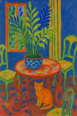 Katze Matisse  Fenster Garten Tisch Stühle  Kunstdruck Kunst Art