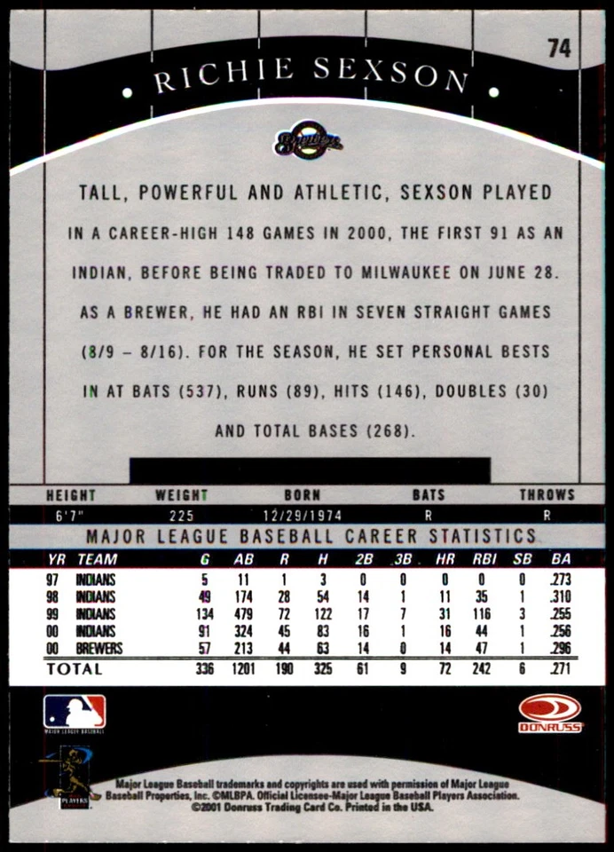 Richie Sexson 2001 Donruss Classics #74 Brewers MLB READ FREE SHIP AutographDen - Image 2 of 2