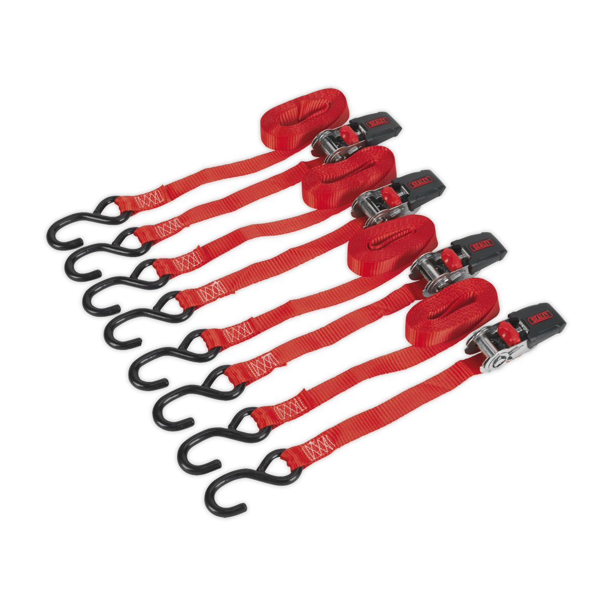 Sealey Ratchet Tie Down 25mm 4m Polyester Webbing S Hooks 800kg Pairs TD484SD