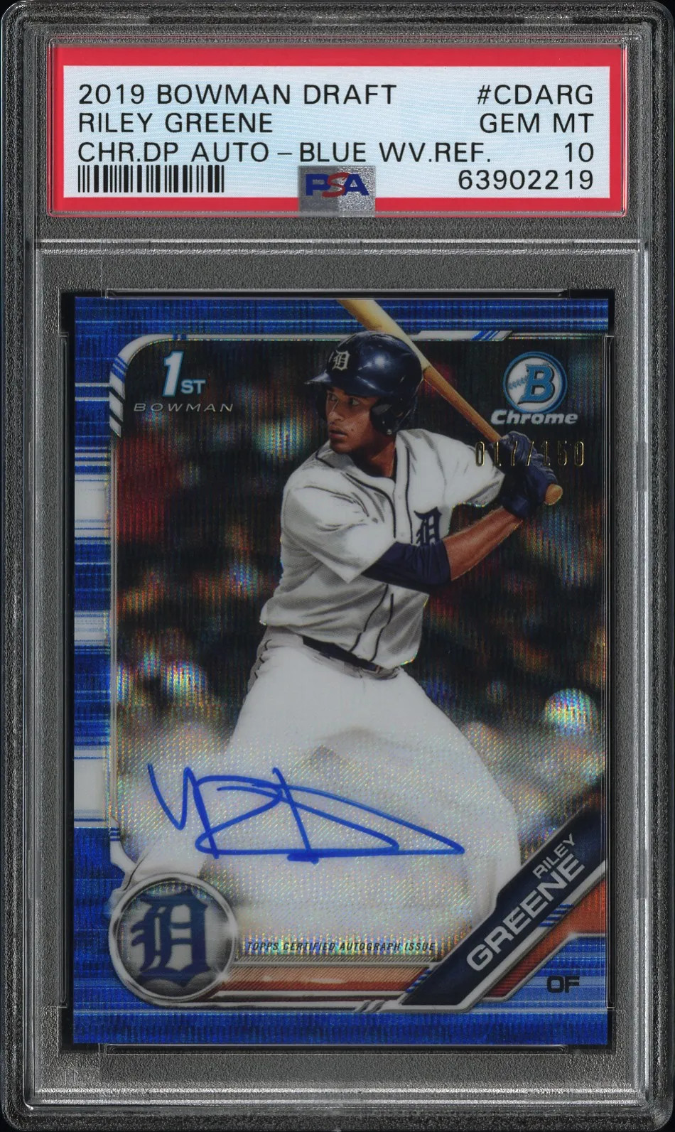 2019 Bowman Chrome DP Autograph Riley Greene Blue Wave Refractor /150 PSA 10