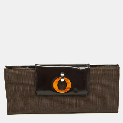 Pochette à rabat vintage Dior en toile et cuir marron foncé