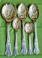 SHEFFIELD SILVERPLATE SPOONS (5) w/ GOLD WASH  REPOUSSE BOWLS in KINGS PATTERN