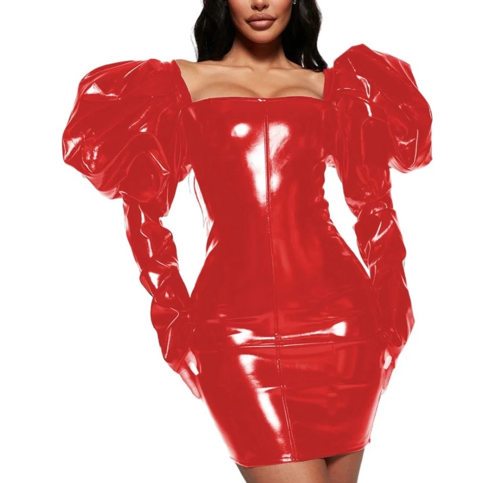 Elegante Moda PVC Cuero Bodycon Vestido Mujeres Manga Abullonada Cuello Cuadrado Vestido Foto 2 de 4