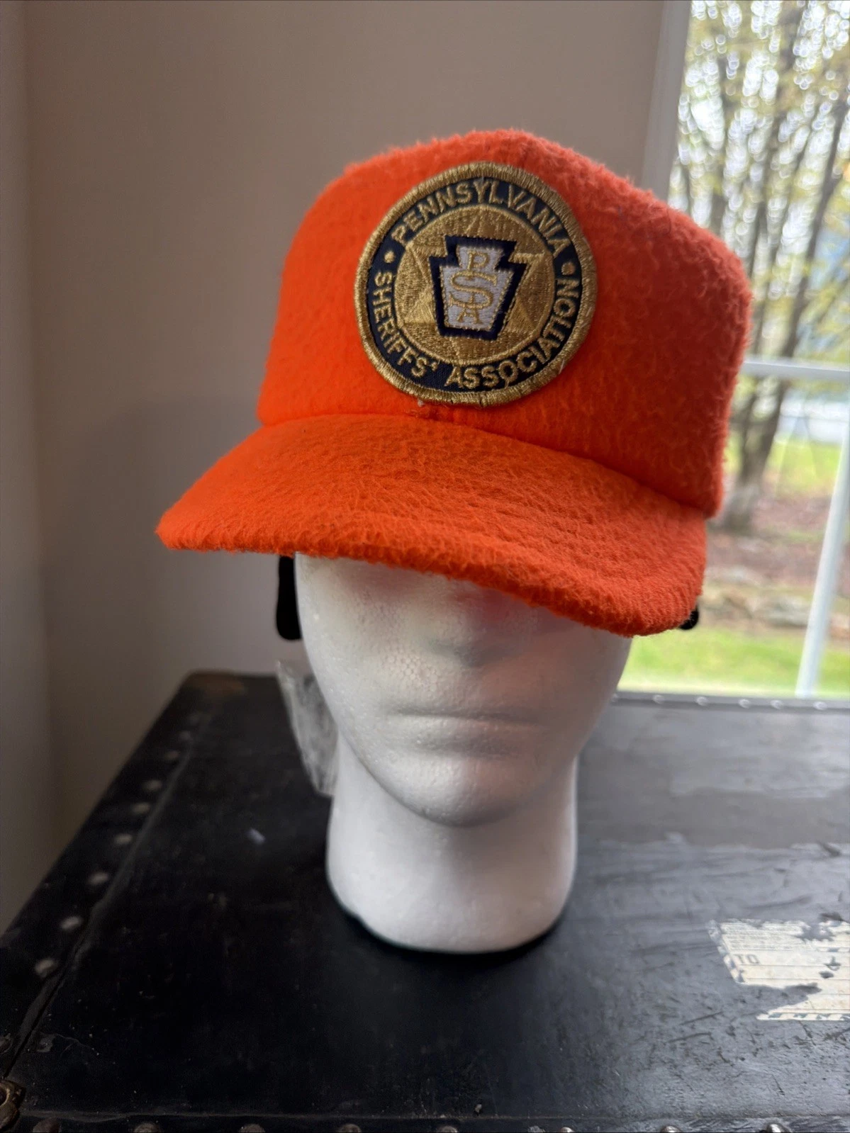 Vintage Fleece Hunting Hat Ear Flap Small Orange USA P Cap Pennsylvania Sheriff