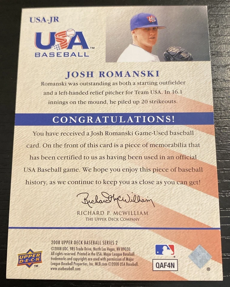Josh Romanski 2008 Upper Deck Baseball National Team Jersey Relic, No. USA-JR - Image 2 of 3