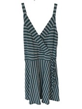 Striped Sleeveless Faux Wrap Mini Dress Size XS Elastic Waist V Neck Teal White