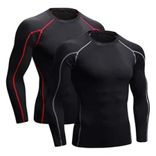 set of 2Men Long Sleeve Compression Shirt Athletic Base Layer Cool Dry Workout L