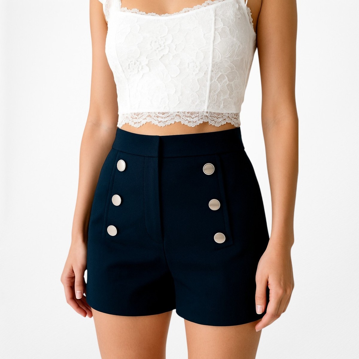 H&M Navy Blue High Waisted Sailor Double Breasted Button Front Shorts Size  0/XS