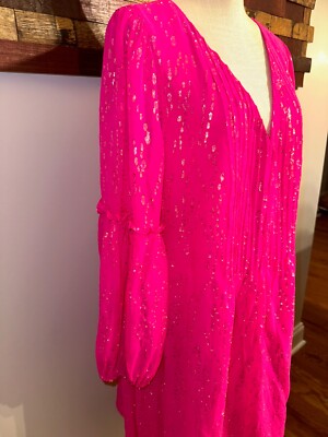 Lilly Pulitzer Cleme Pink Palm V-Neck  Silk Metallic Chiffon Women's sz 16