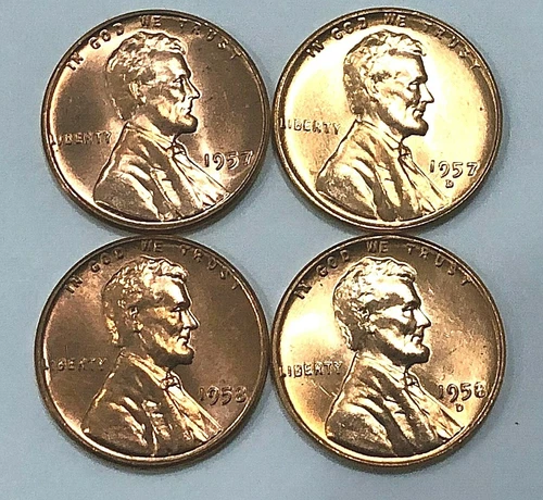 1957 P D 1958 P D  Mint Lincoln Wheat cents Beautiful GEM BU RED's (4 Coins)