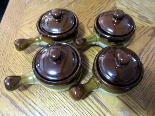  Vintage French Onion Soup/Chili/Bean Stoneware Bowls W/Handles & Lids