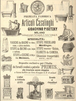 PUBBL. 1899 HOUSEHOLDS GIOACHINO PISETZKY MILAN BATHROOM STOVES STOVES PRIMUS