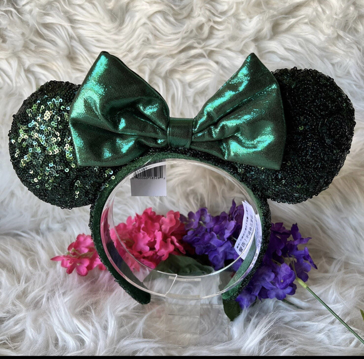 Disney Parks Light Green Sequin Minnie Ears Shanghai Disneyland Headband NWT Green Sequin Bow Exclusive Rare Disney Parks Minnie Ears  main image 3