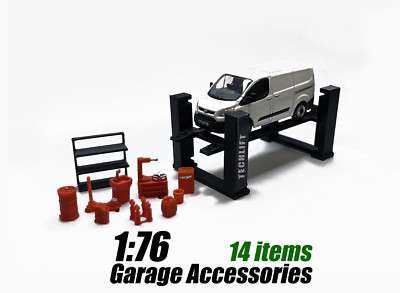 1:76 4 Säulen Rampe Autohebebühne Garage Zubehör Set Bodenheber Reifenmaschine 14 Artikel