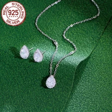 CWWZircons 925 Sterling Silver Set Drop Wedding Necklace Stud Earring for Bridal