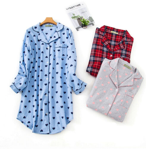 Women's Flannel Boyfriend Nightshirt Nightgown Nightdress Sleepwear Sleepshirt - Picture 1 of 64